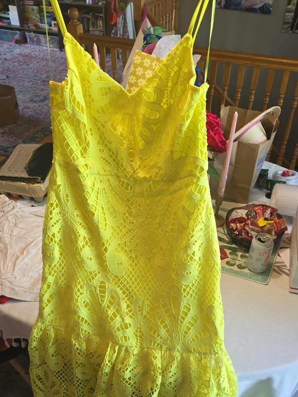 Flying Tomato Yellow Lace Spaghetti-Strap Dress, Flare Bottom Midi